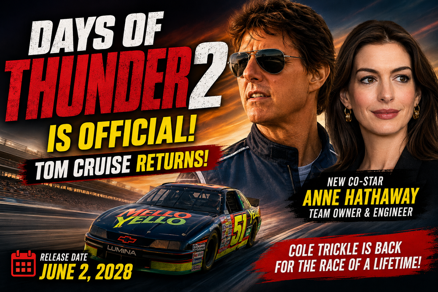 Days of Thunder 2 Is Official: Tom Cruise Returns With Anne Hathaway
