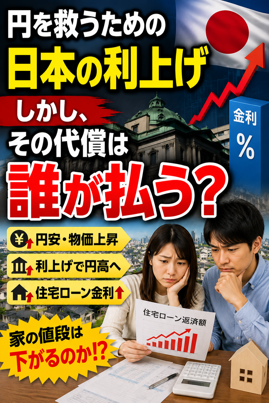 円を救うための日本の利上げ。しかし、その代償は誰が払う？住宅ローン金利上昇で家は安くなるのか